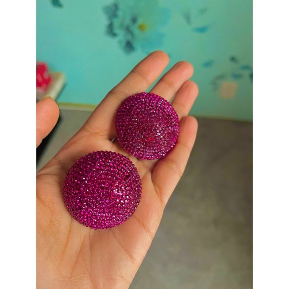 Clip on fuchsia pink earring stud large rhinestone round big statement huge - Picture 1 of 7